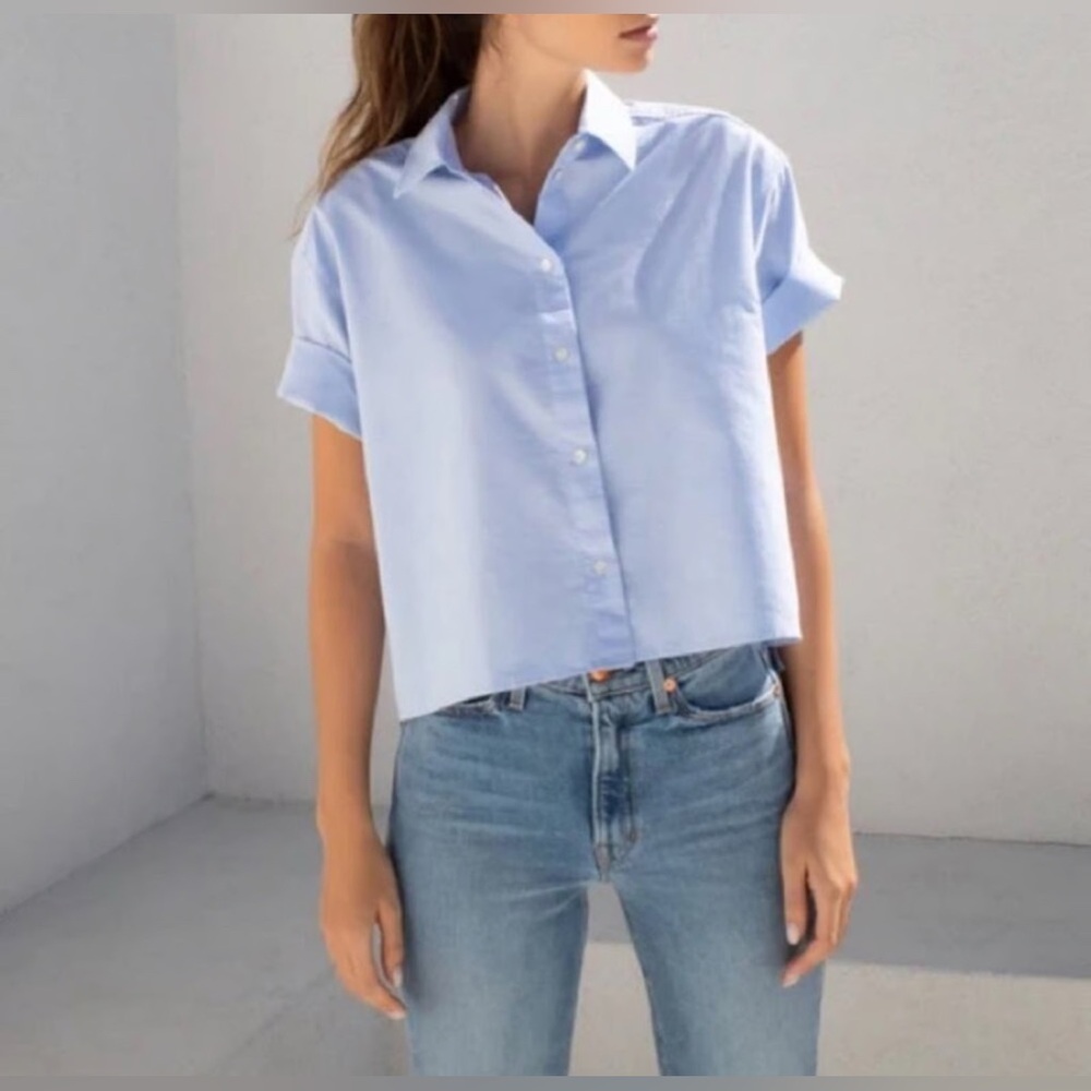 Light Blue Cropped Button-Down Shirt - Women